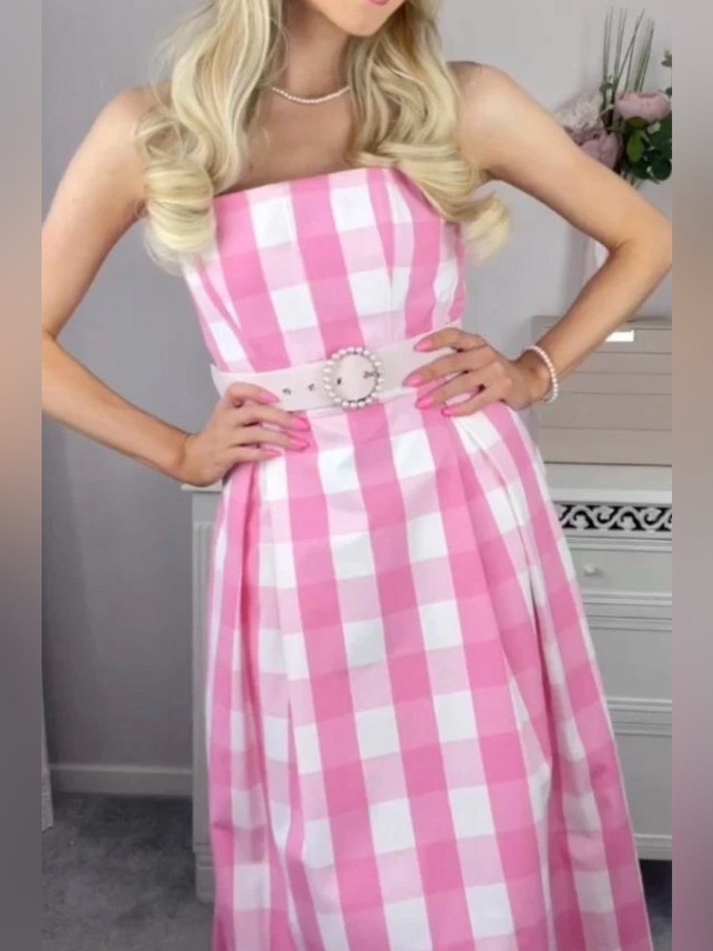 ZARA BARBIE COLLABORATION Strapless Pink Gingham Midi Dress - Picture 7 of 13
